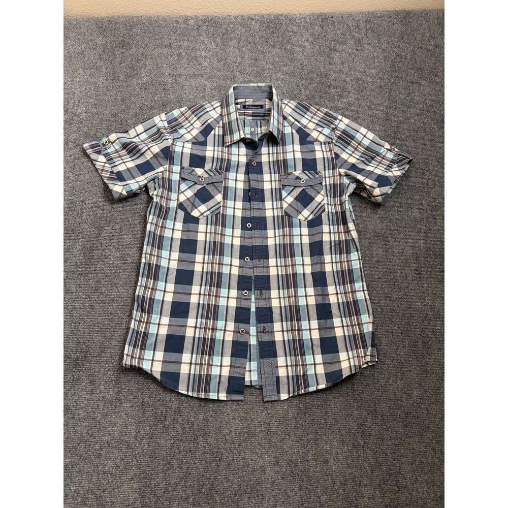 7 Diamonds Mens Plaid Short Sleeve Button Down Shirt Blue Brown Size M SMK-3588